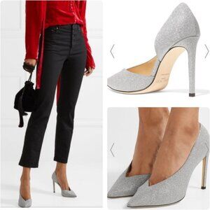 Jimmy Choo Sophia 100 Sparkling Fine Glitter Pump Heels Silver Size 37 / 7